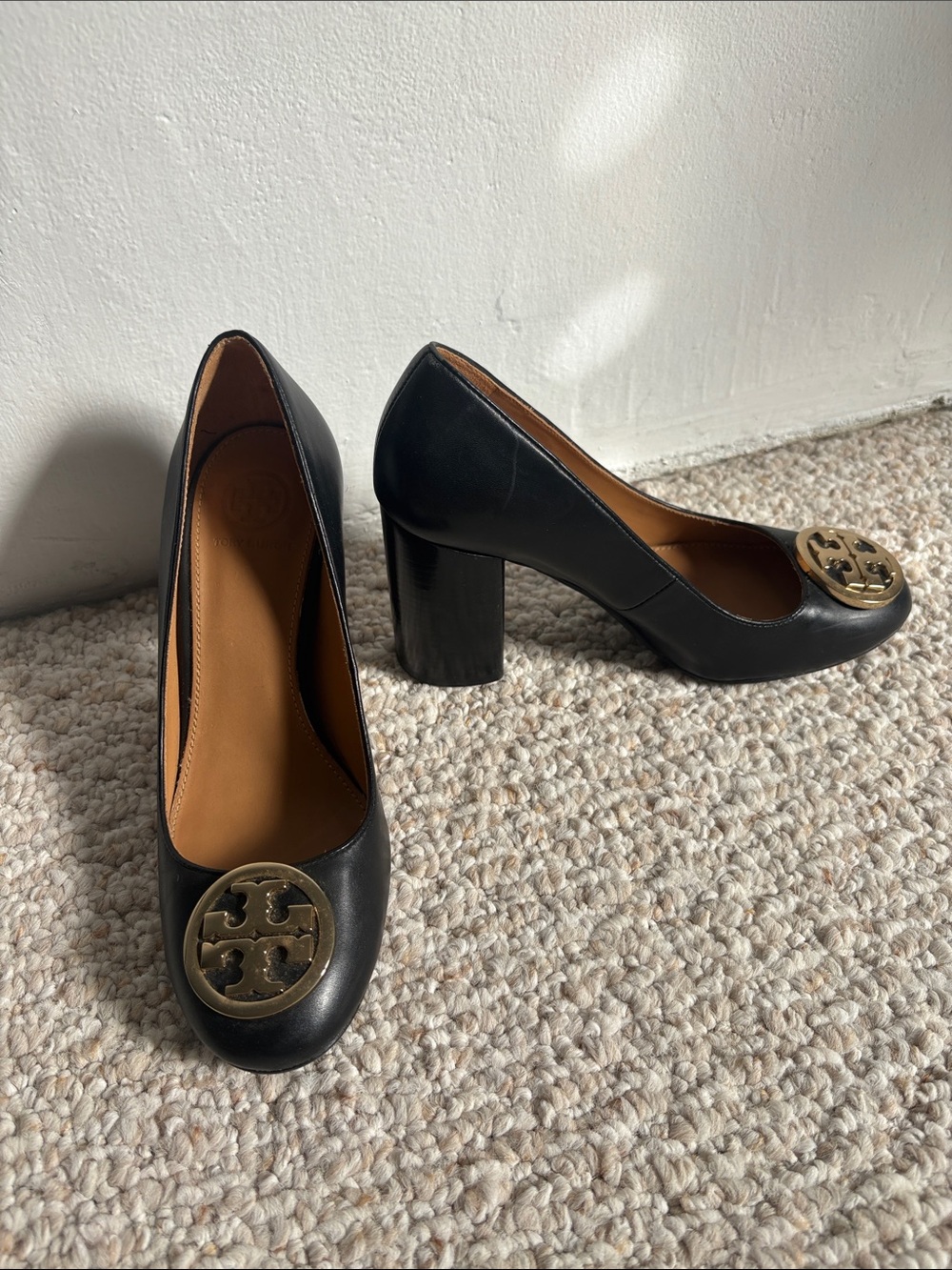 Tory Burch Black Leather Block Heel Pumps with Gold Logo